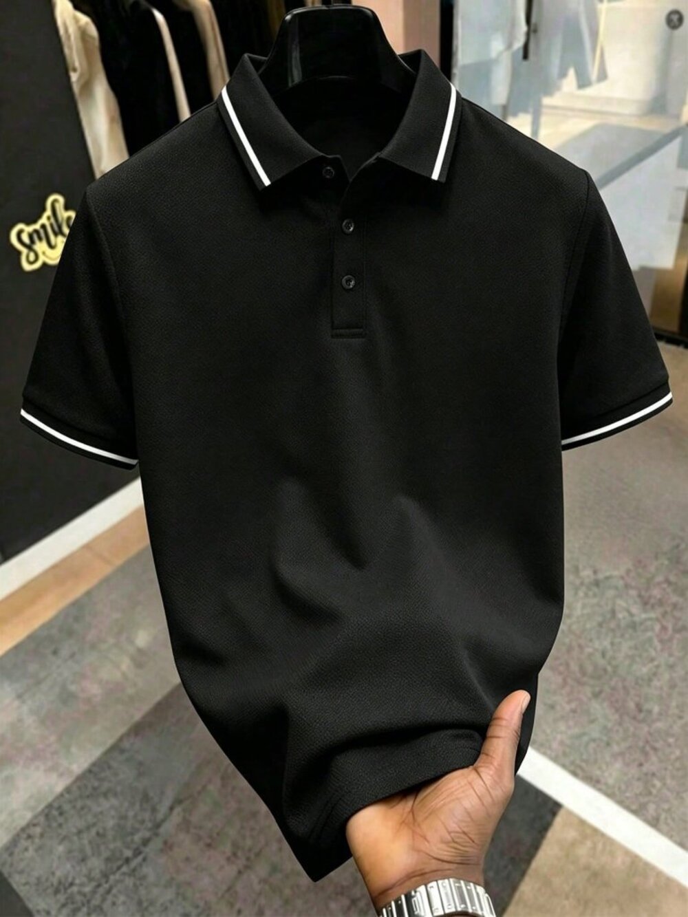Black Casual Men's Single Striped Trim Polo Shirt - Picture 3 of 5